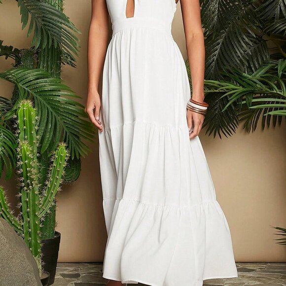 White Boho Women's Summer Vacation Solid Color Woven Halterneck White Maxi Dress - Picture 5 of 5